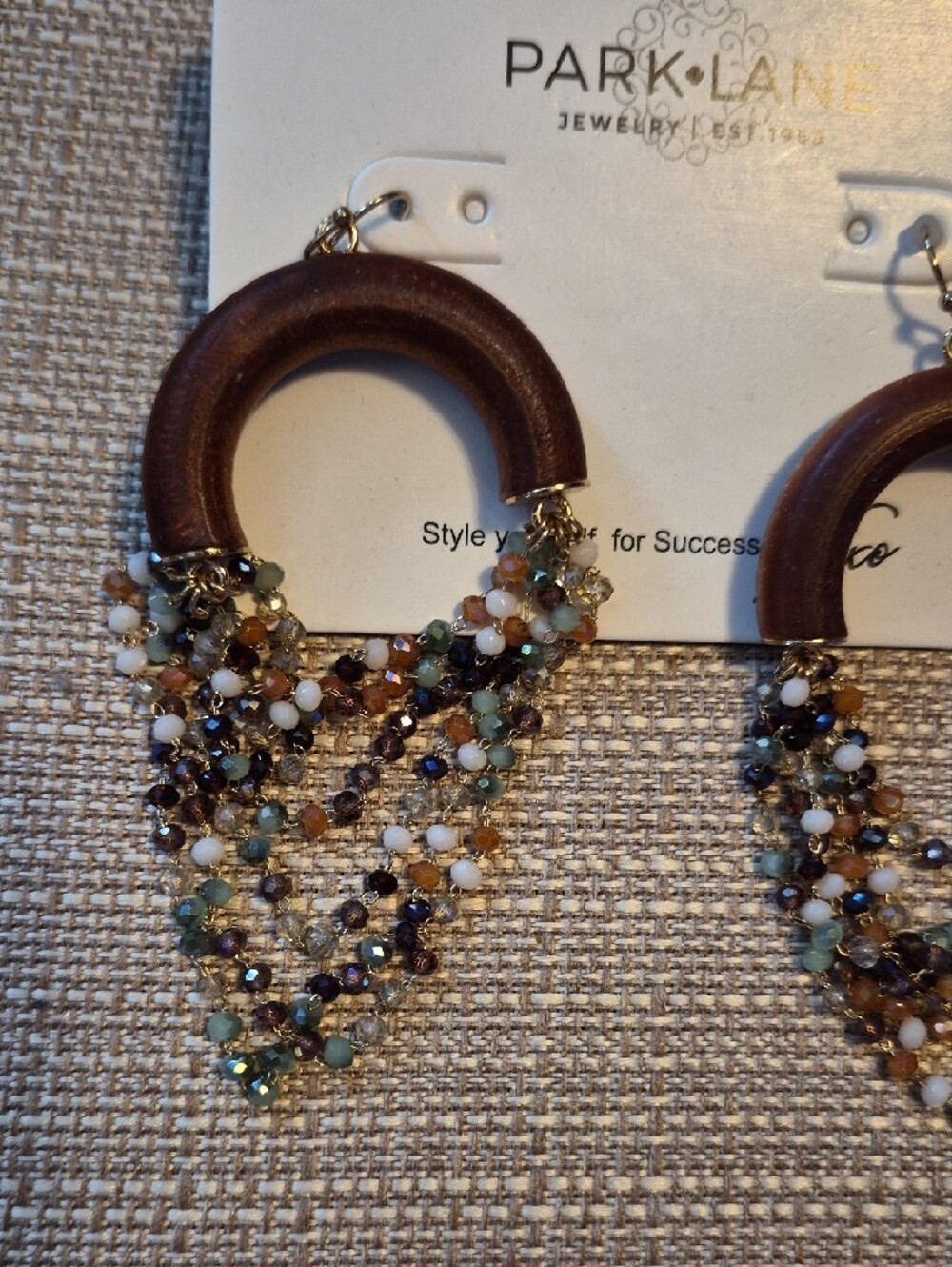 Park Lane Brown Wood Hoop Earrings with Multicolor Beaded Strands - Picture 2 of 2